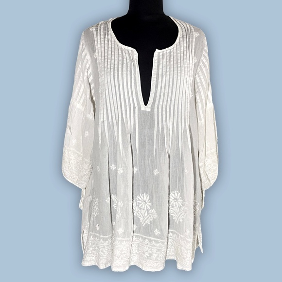 Juliet Dunn White Cotton Shirt Tunic Bouse Embroidered Boho Size 2 – See Photos - Picture 1 of 11